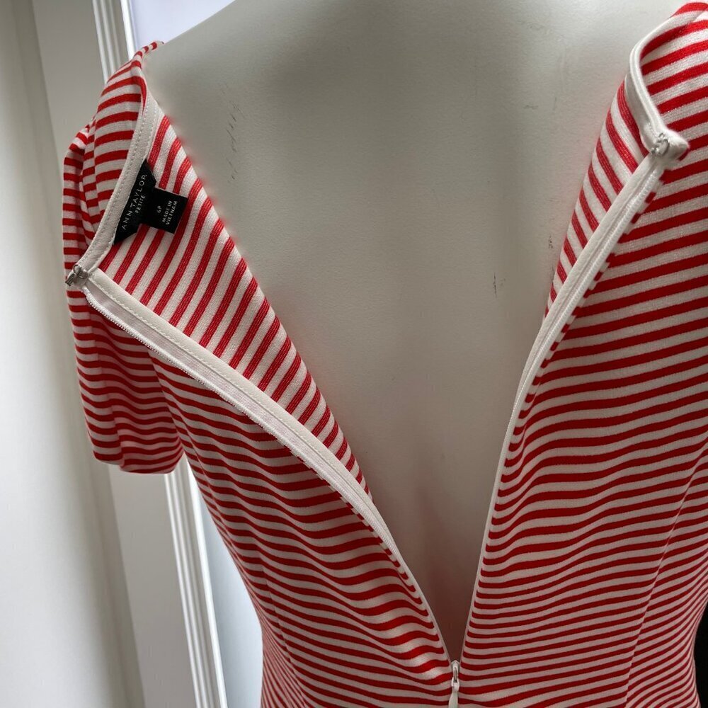 Ann Taylor Petite SS Jewel Neck Striped Midi Dress Orangey Red White Sz 6P NWOT - Picture 9 of 13